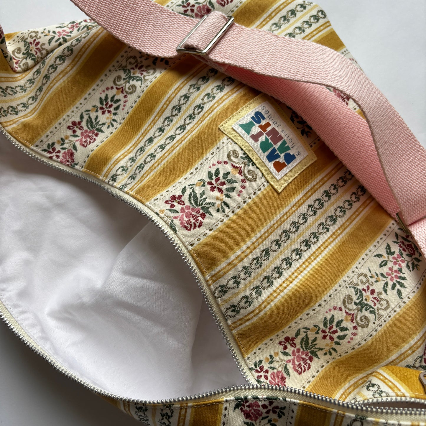 Yellow and pink floral stripe moon bag