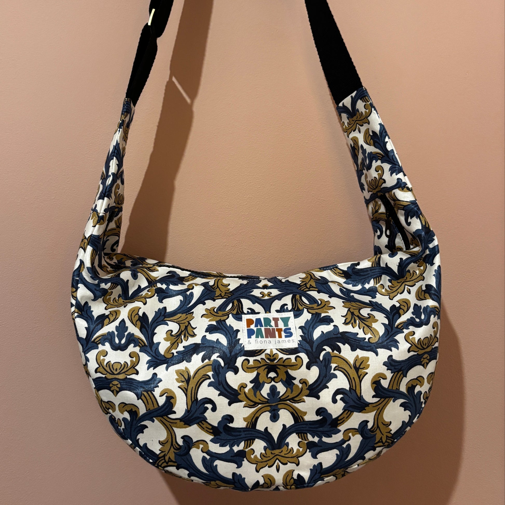 Blue and gold paisley moon bag