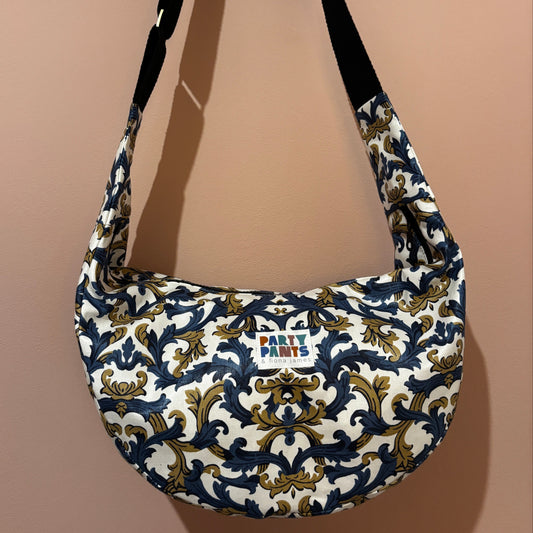 Blue and gold paisley moon bag