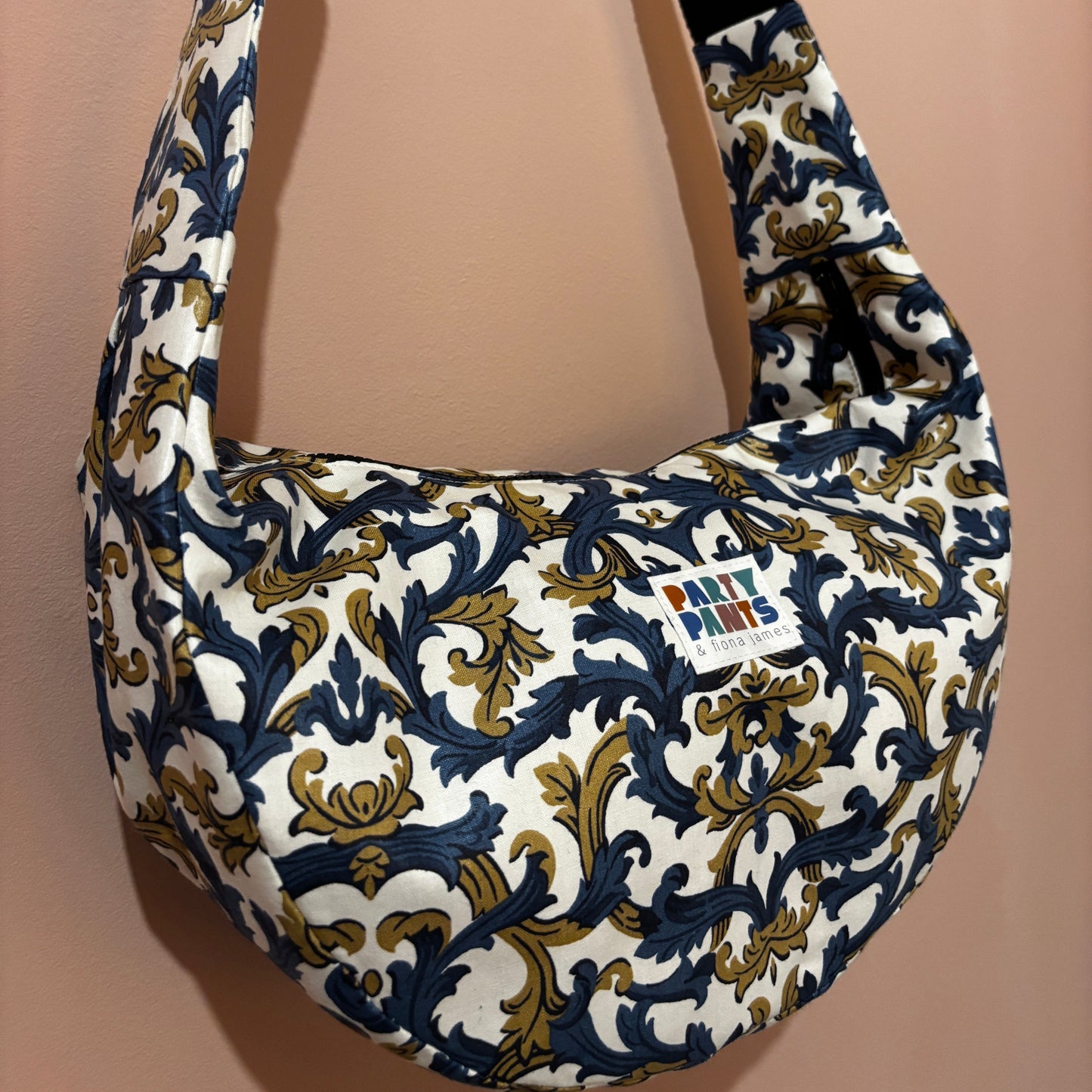 Blue and gold paisley moon bag