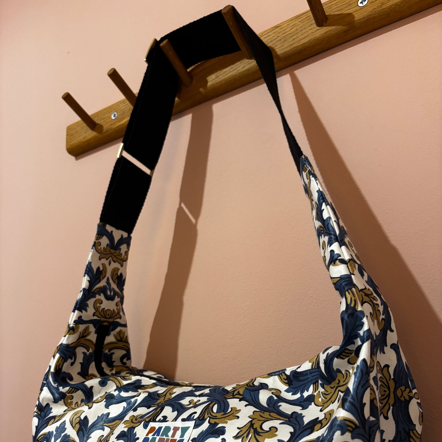 Blue and gold paisley moon bag