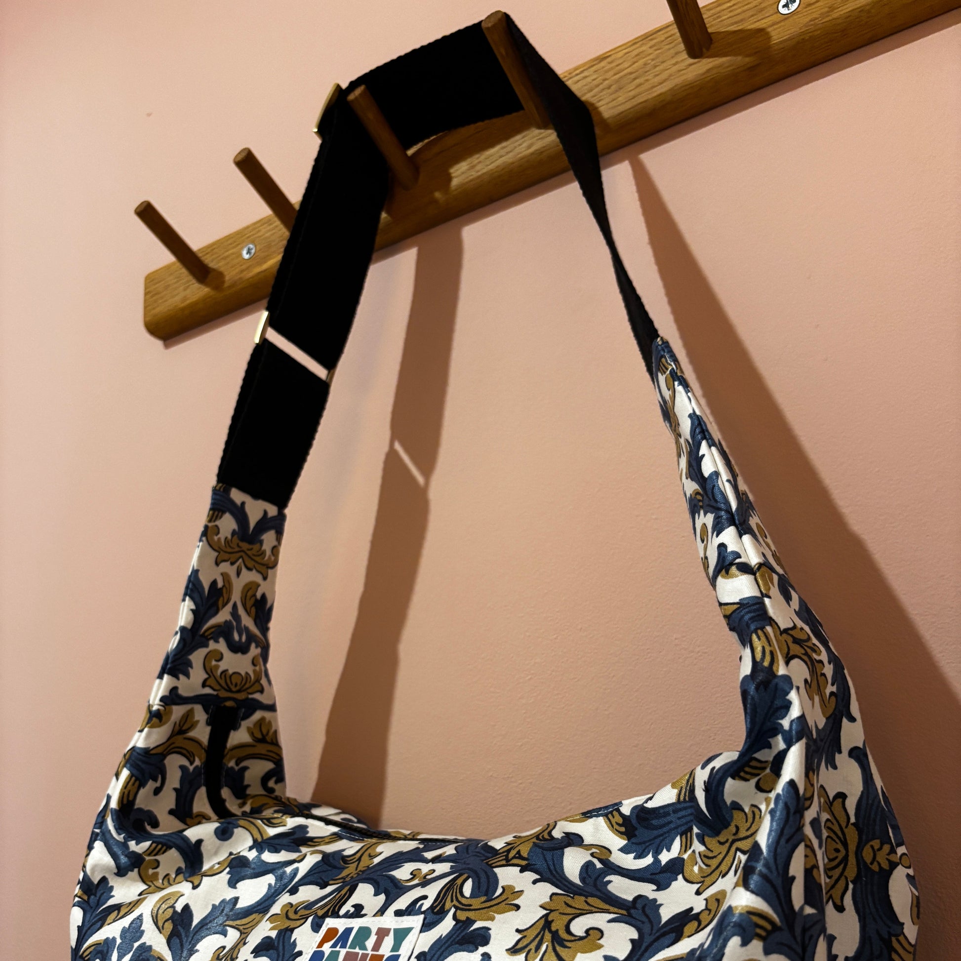 Blue and gold paisley moon bag