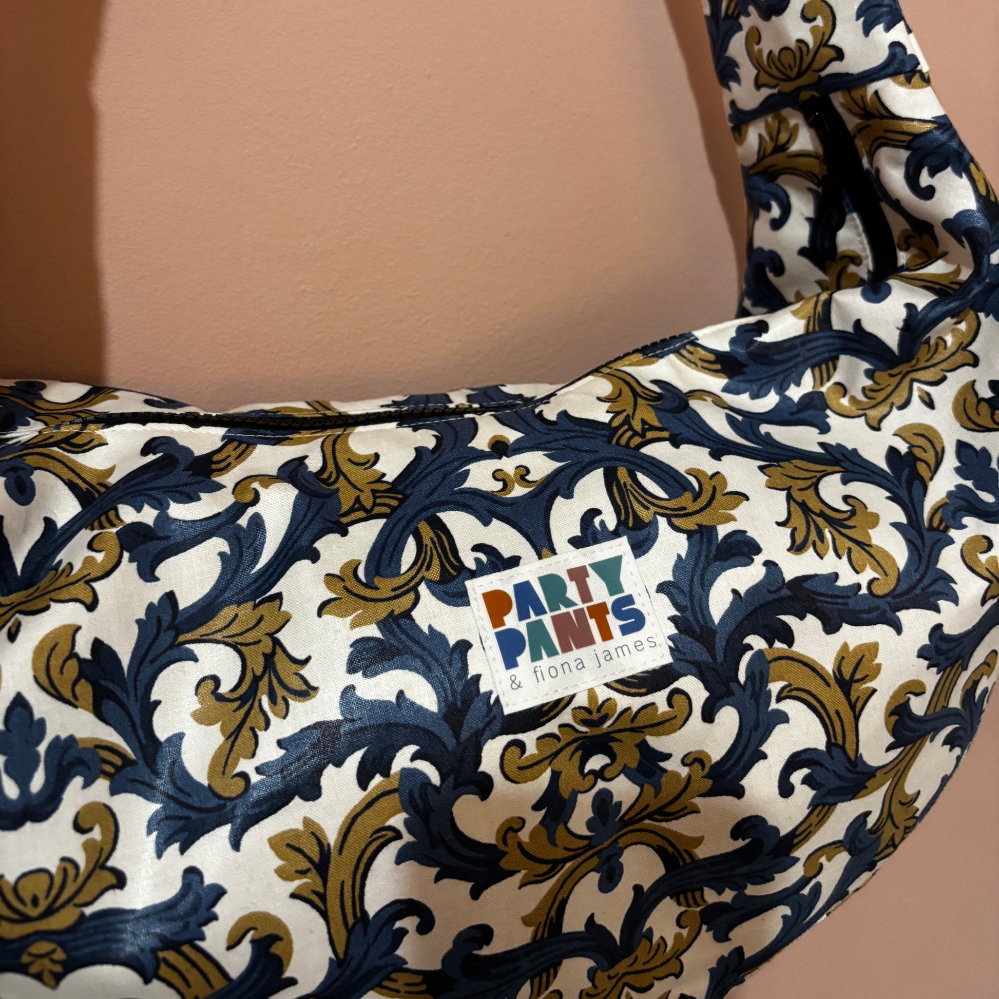 Blue and gold paisley moon bag