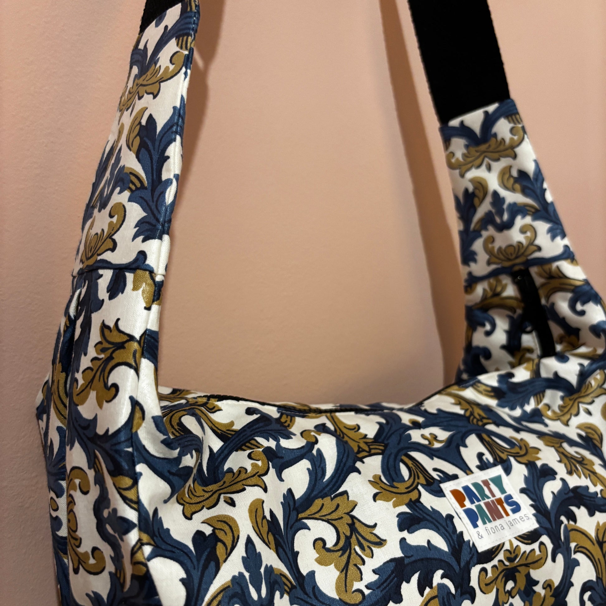 Blue and gold paisley moon bag