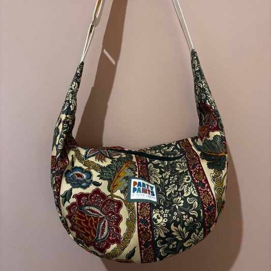 Green and burgundy floral stripe moon bag
