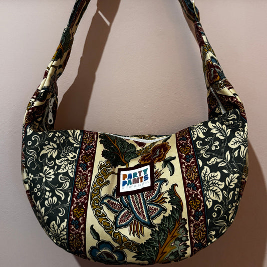 Green and burgundy floral stripe moon bag