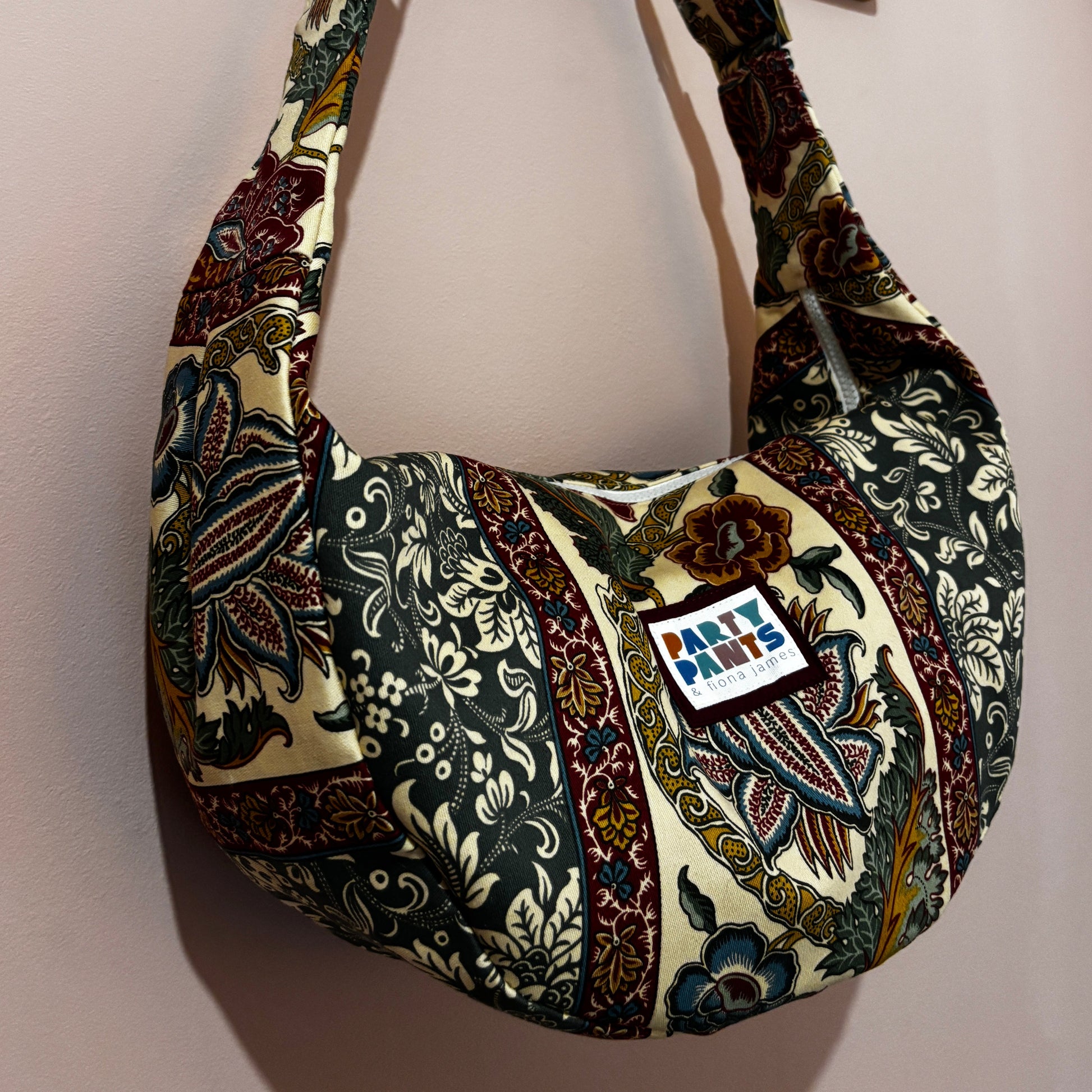 Green and burgundy floral stripe moon bag
