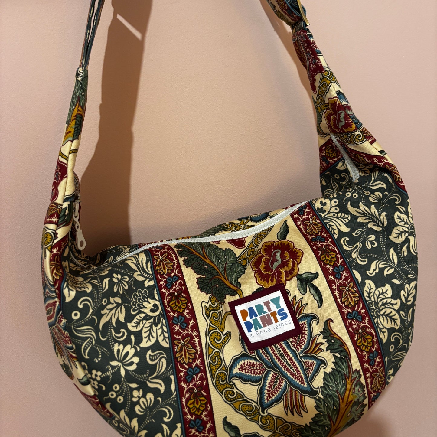 Green and burgundy floral stripe moon bag
