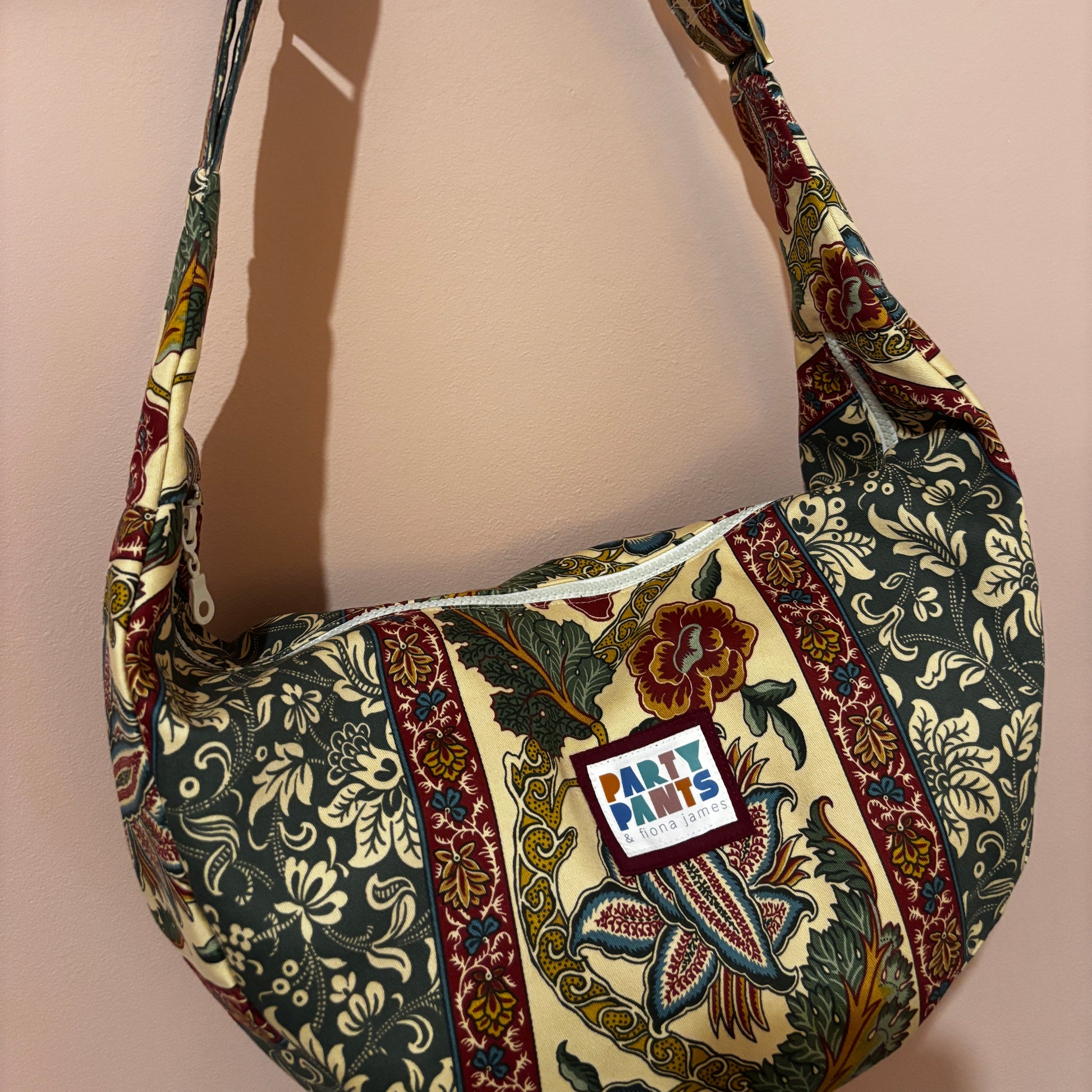 Green and burgundy floral stripe moon bag