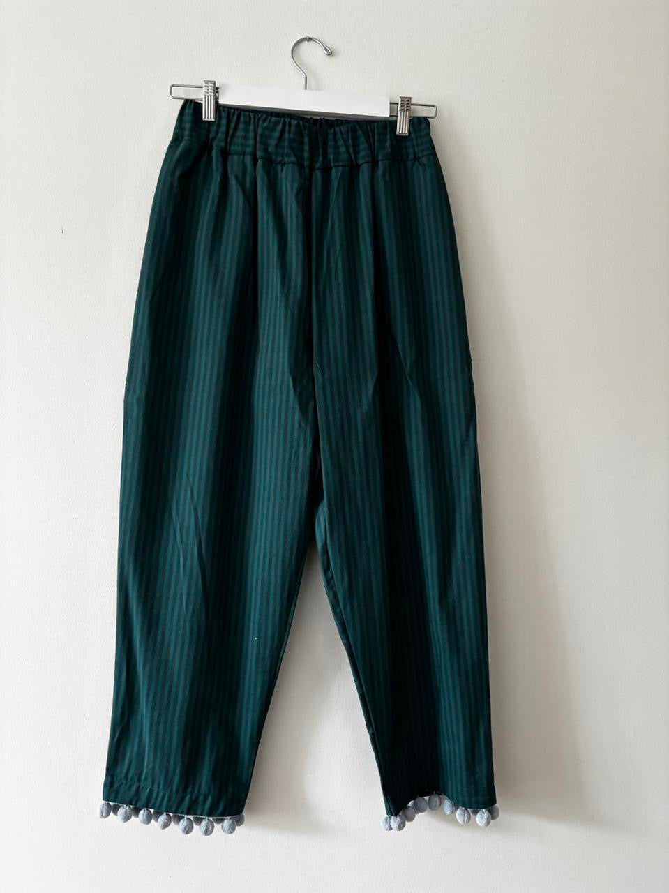 Green stripe trousers with pom poms 12
