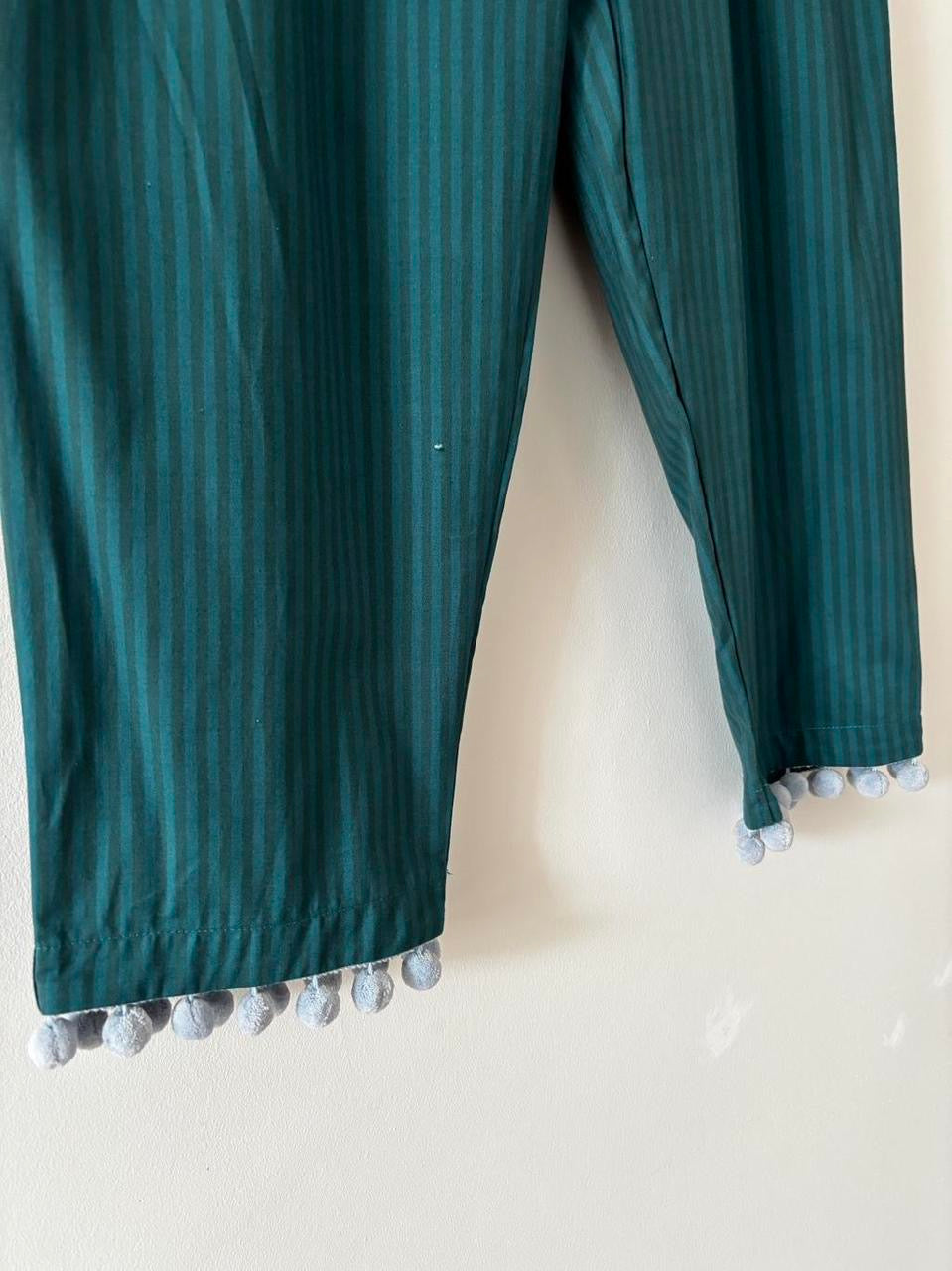 Green stripe trousers with pom poms 12