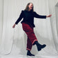 Red barrel-leg trousers with pink zig zags