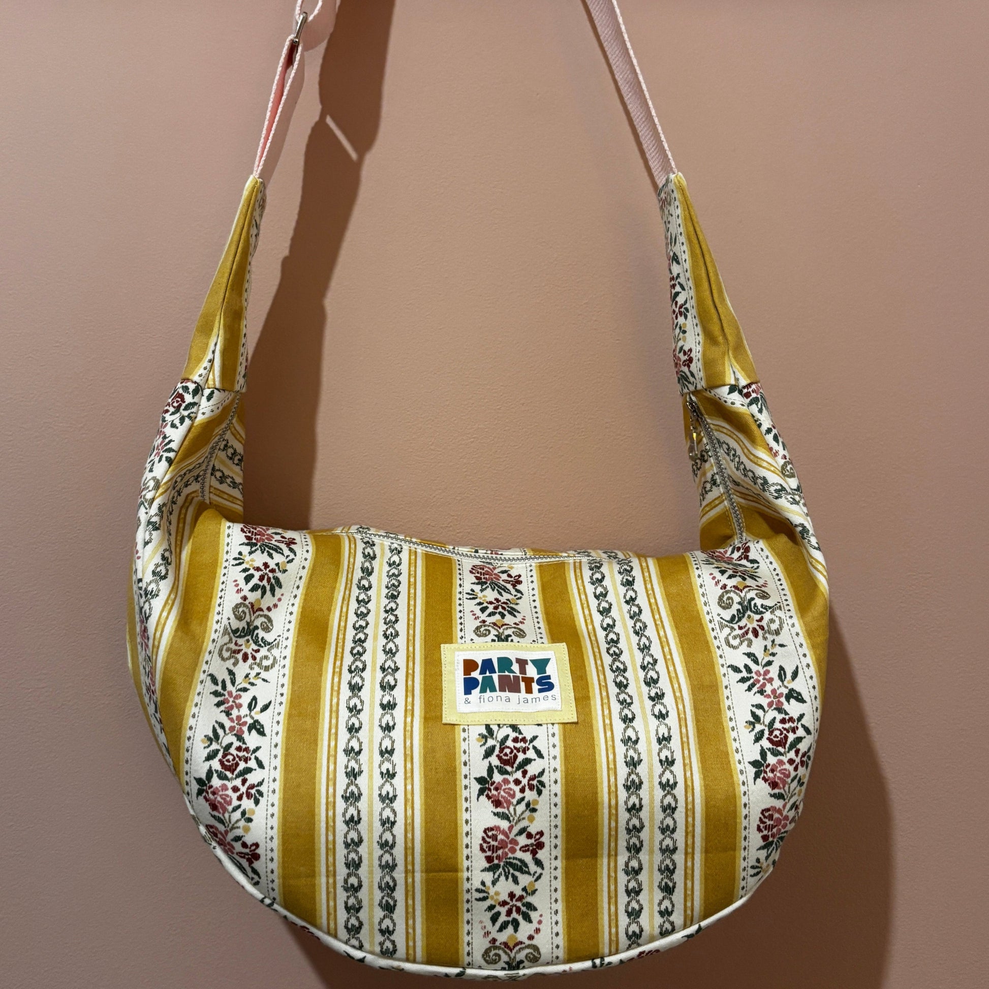Yellow and pink floral stripe moon bag