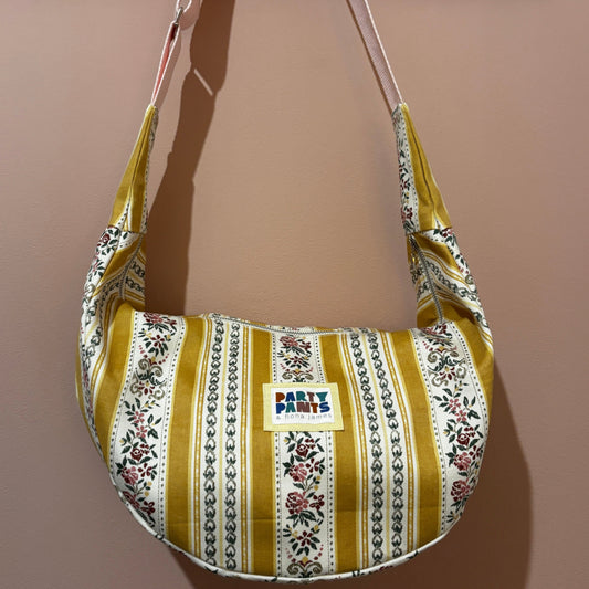 Yellow and pink floral stripe moon bag