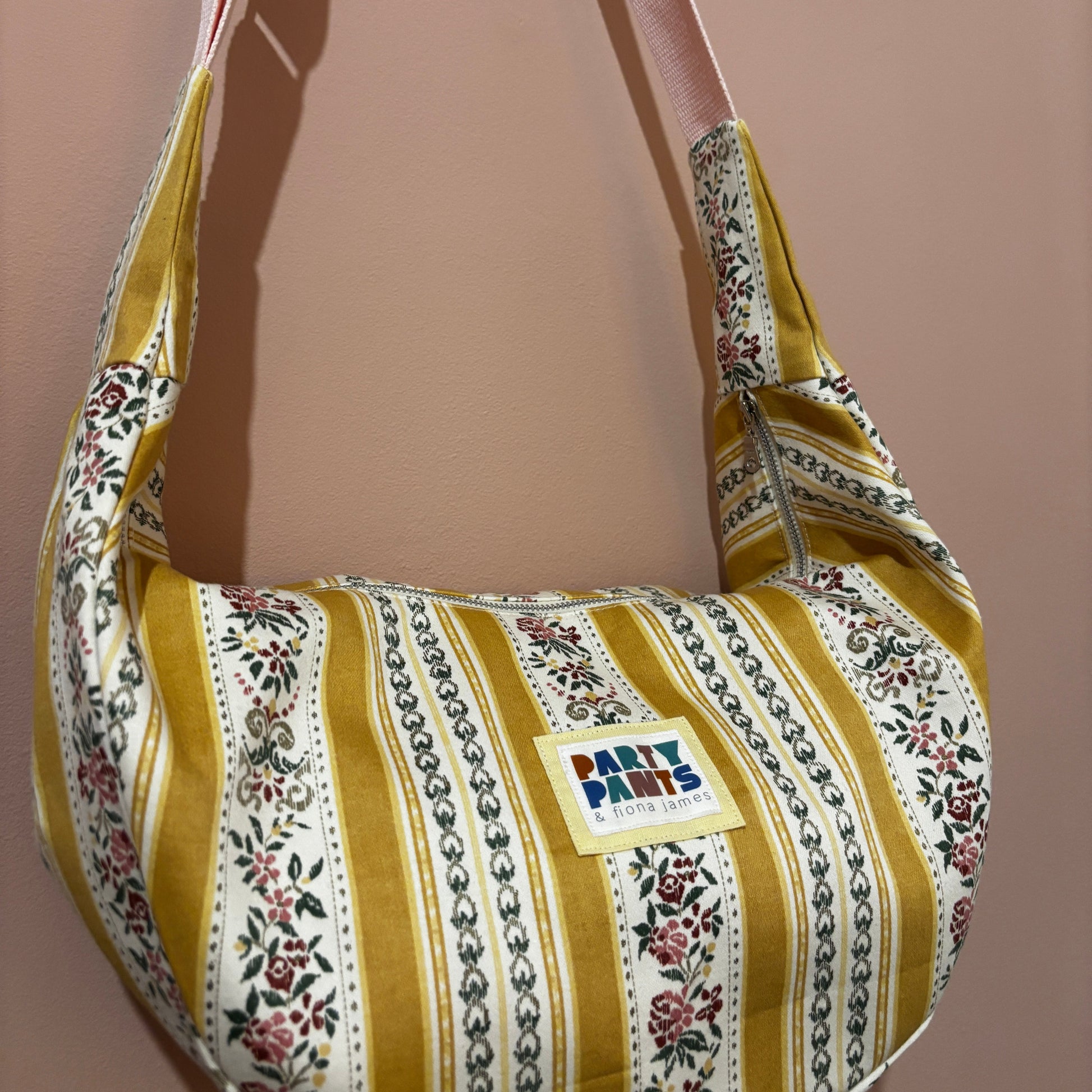 Yellow and pink floral stripe moon bag