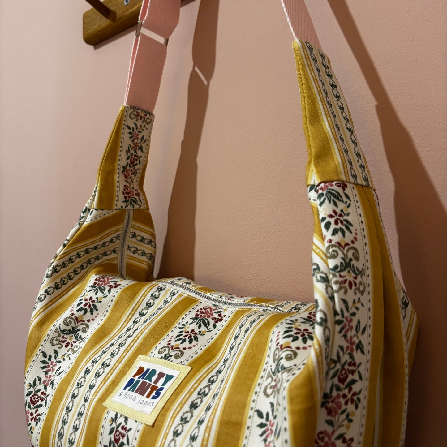 Yellow and pink floral stripe moon bag