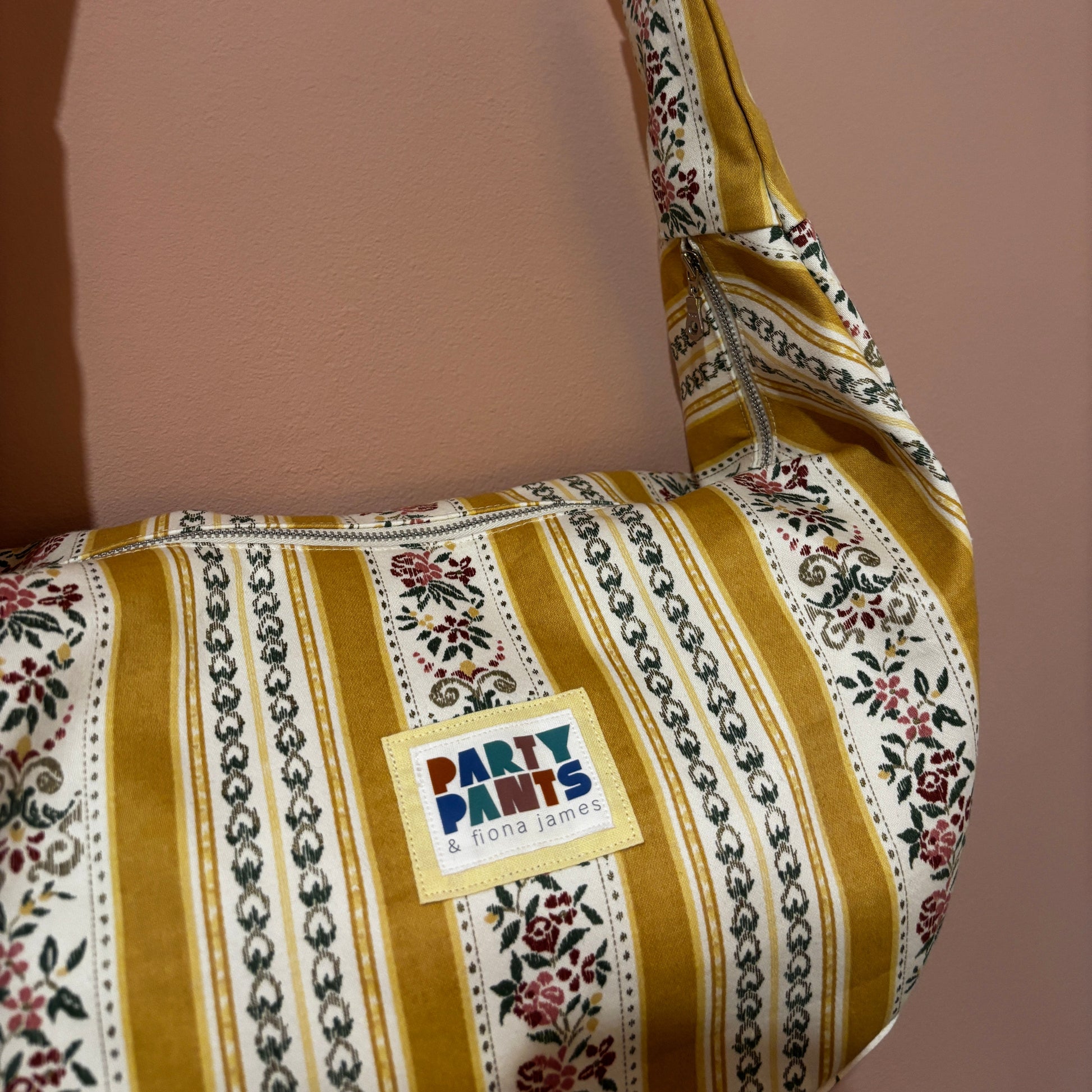 Yellow and pink floral stripe moon bag
